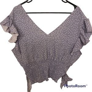 Polka Dot Ruffle Trim Tie Shirred Top